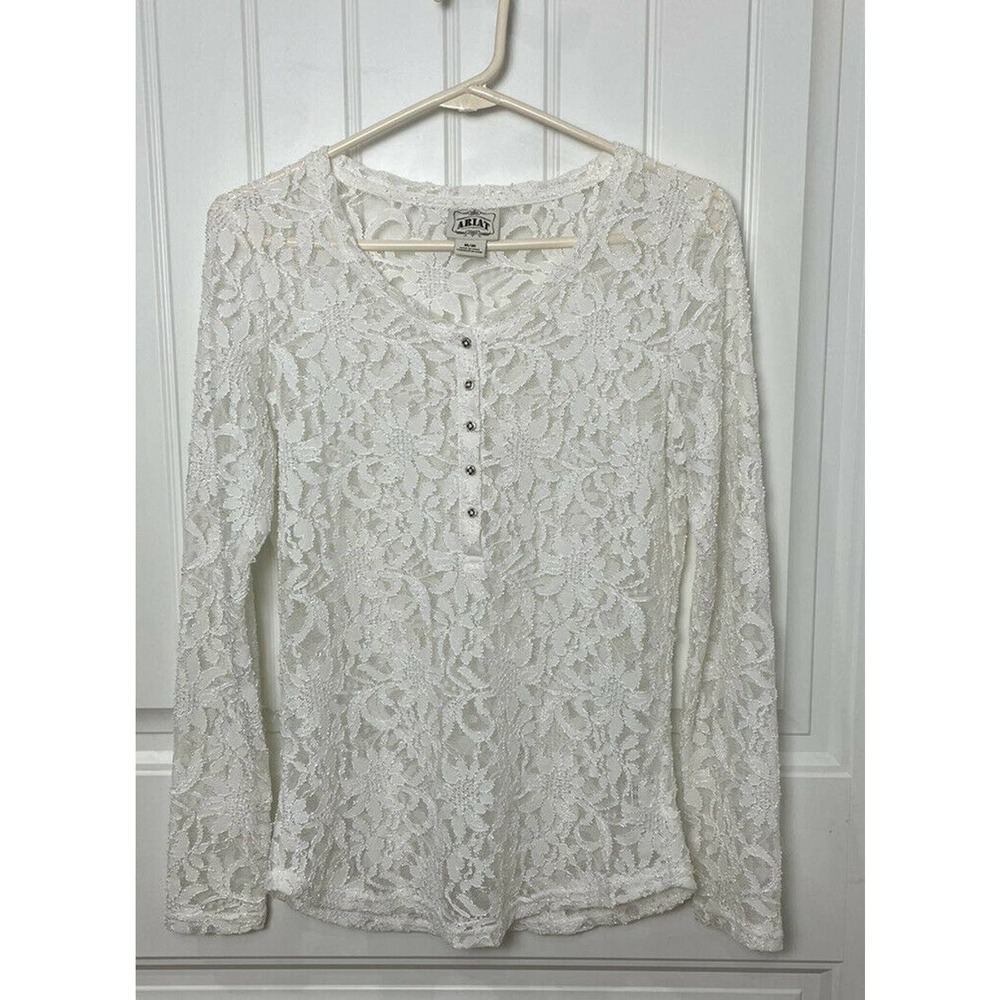 Ariat Women's Size Medium Fitted White Lace Blouse Shirt Top